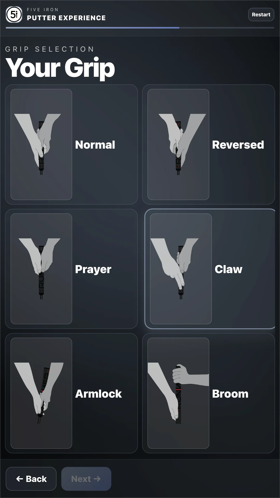 Grip selection screen on the Putter Experience display