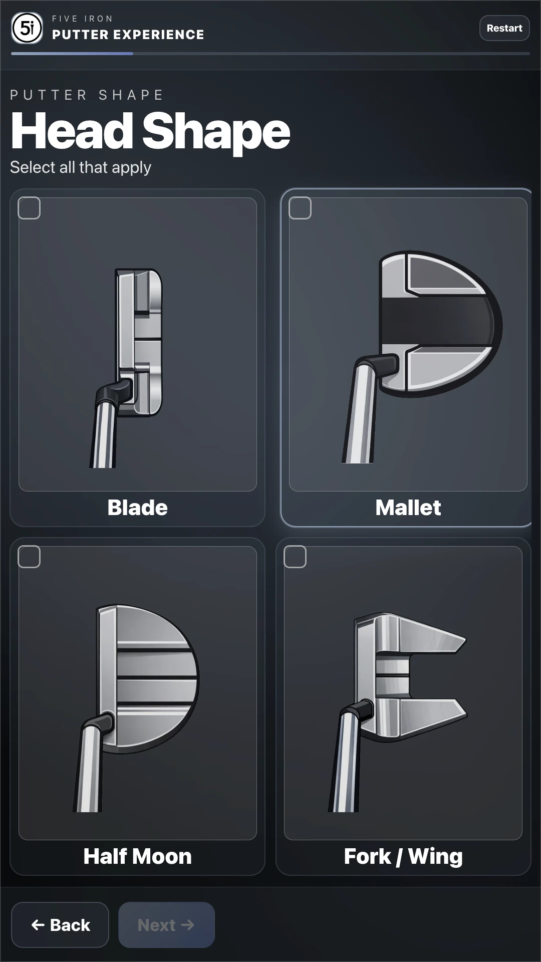 Head shape selection screen on the Putter Experience display